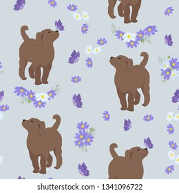 Seamless vector illustration with cute puppy, with butterflies and flowers. For decoration of textiles, packaging, wallpaper, web design.