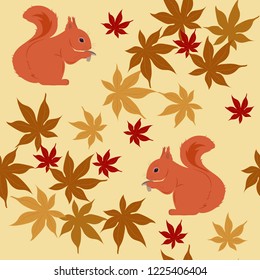 Seamless vector illustration with cute squirrels and autumn leaves. For decoration of textiles, packaging, wallpaper.