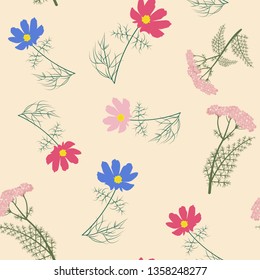 Seamless vector illustration with cute wildflowers on a beige background. For decorating textiles, packaging, web design.