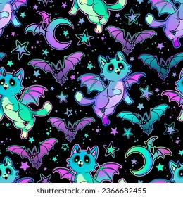 Seamless vector illustration. Cute winged fantasy cats and bats on a black background