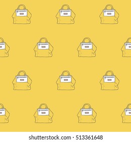 Seamless vector illustration with cute yellow handbags in a row in fashion stylish pattern. Hand drawn background, drawn with imperfections on yellow background. 