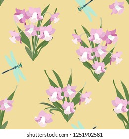 Seamless vector illustration with daffodils and dragonflies on a yellow background. For decorating textiles, packaging, wallpaper.
