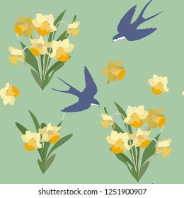 Seamless vector illustration with daffodils and swallows on a green background. For decorating textiles, packaging, web design.