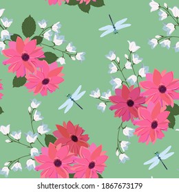 Seamless vector illustration with dahlias, campanula and dragonflies on a green background. For decoration of textiles, packaging and web design.