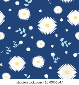 Seamless vector illustration of daisies on dark blue background