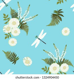Seamless vector illustration with daisy, lupine flowers and dragonflies on a blue background . For decorating textiles, packaging, covers, wallpaper.