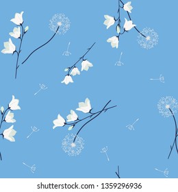 Seamless vector illustration with dandelion and campanula on a blue background. For decorating textiles, packaging, web design.