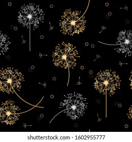 Seamless vector illustration of a dandelion on a black background. For decorating textiles, packaging, wallpaper.