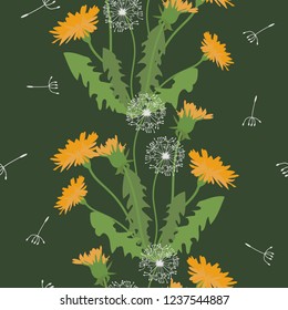 Seamless vector illustration with dandelions on a dark background. For decoration of textiles, packaging, wallpaper. Vertical.