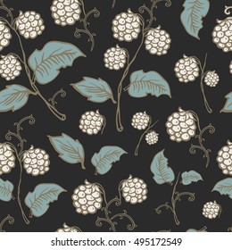 Seamless vector illustration with decorative color stylish raspberries and stems
