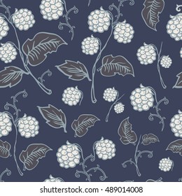 Seamless vector illustration with decorative stylish color raspberries and stems