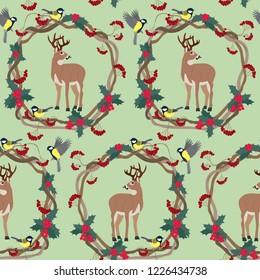 Seamless vector illustration with deer, birds, rowan and holly berries on a green background. For decoration of textiles, packaging, web design.