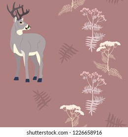 Seamless vector illustration with deer and field herbs. For decorating textiles, packaging and wallpaper.