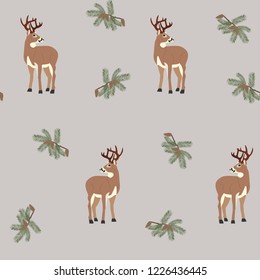 Seamless vector illustration with deers and spruce branch on a gray background. For decoration of textiles, packaging, web design, wallpaper.