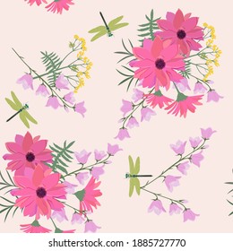 Seamless vector illustration with delicate dahlia, bells and dragonflies. For decorating textiles, packaging and wallpaper.