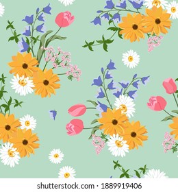 Seamless vector illustration with delicate dahlia, bells, chamomile and tulips on a green background. For decorating textiles, packaging and wallpaper.