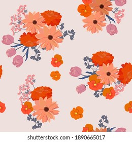 Seamless vector illustration with delicate dahlia, chrysanthemum and tulips on a pink background. For decorating textiles, packaging and wallpaper.