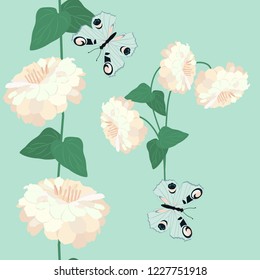 Seamless vector illustration with delicate flowers and butterflies on a green background. For decoration of textiles, packaging, wallpaper.