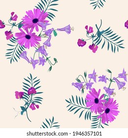 Seamless vector illustration and delicate gerbera   aquilegia   sweet pea   For decorating textiles  packaging  wallpaper 