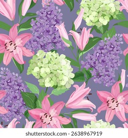 Seamless vector illustration with delicate lilies, hydrangeas and lilacs on a purple background. For decorating textiles, packaging.