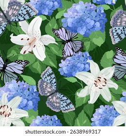 Seamless vector illustration with delicate lilies, hydrangeas and butterflies on a dark background. For decorating textiles, packaging.