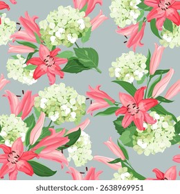 Seamless vector illustration with delicate lilies and hydrangeas on a gray background. For decorating textiles, packaging.