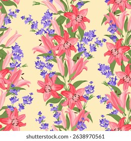 Seamless vector illustration with delicate lilies and lavender. For decorating textiles, packaging.