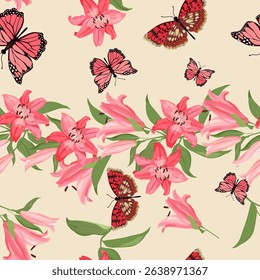 Seamless vector illustration with delicate lilies and butterflies. For decorating textiles, packaging.