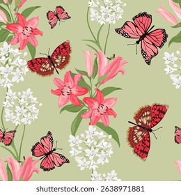 Seamless vector illustration with delicate lilies and butterflies. For decorating textiles, packaging.