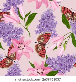 Seamless vector illustration with delicate lilies, lilac  and butterflies. For decorating textiles, packaging.