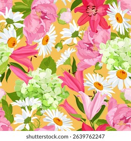 Seamless vector illustration with delicate lilies, peonies, chamomile and hydrangeas on a yellow background. For decorating textiles, packaging.
