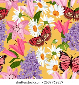 Seamless vector illustration with delicate lilies, lilac, chamomile and butterflies on a yellow background. For decorating textiles, packaging.