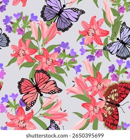 Seamless vector illustration with delicate lilies and butterflies. For decorating textiles, packaging.