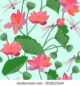 Seamless vector illustration with delicate lotus flowers and dragonflies. For decoration of textiles, packaging and web design.