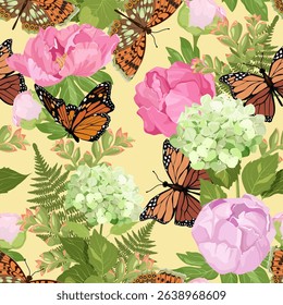 
Seamless vector illustration with delicate peonies, hydrangeas and butterflies on a yellow background. For decorating textiles, packaging.