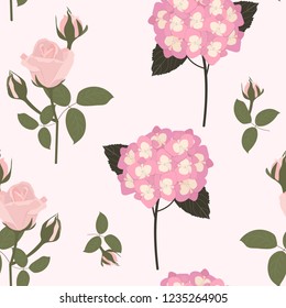 Seamless vector illustration with delicate roses and hydrangea on a light background. For decoration of textiles, packaging, web design.