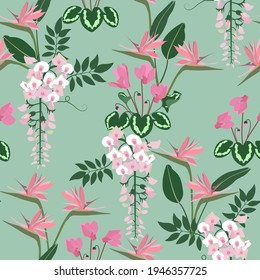 Seamless vector illustration with delicate tropical flowers , cyclamen, wisteria, strelitzia . For decorating textiles, packaging, wallpaper.