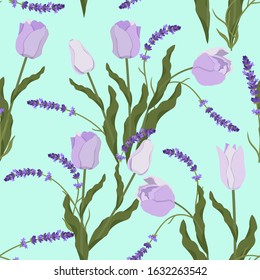 Seamless vector illustration with delicate tulips and lavender on a turquoise background. For decorating textiles, packaging, wallpaper.