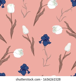 Seamless vector illustration with delicate tulips and iris on a pink background. For decorating textiles, packaging, wallpaper.