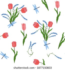 Seamless vector illustration with delicate tulips and lavender on a white background. For decorating textiles, packaging, wallpaper.