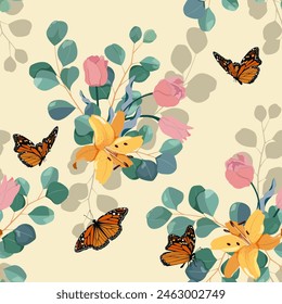 Seamless vector illustration with delicate tulips, lily and butterflies on a beige background. For decorating textiles, packaging, wallpaper.