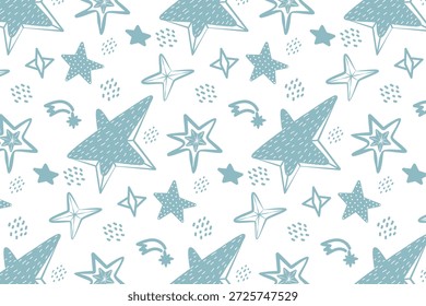 Ilustração de vetor sem emenda representando um padrão caprichoso de várias estrelas e cometas em azul pastel sobre um fundo branco. Ideal para projetos de design decorativo, têxteis e papéis de parede.