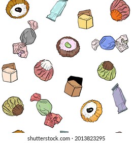 Seamless vector illustration of desserts, sweets on a colored background. Confectionery pattern for cafes, packaging, blank for designers, printing on clothes, interiors, menus, pastry shops