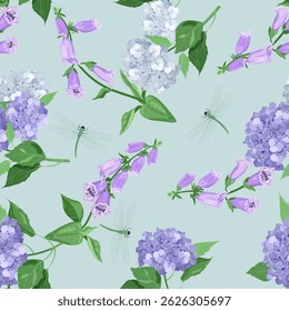 Ilustração de vetor sem costura com digitalis, hortênsia e libélulas em um fundo azul. Para decoração de têxteis, embalagem