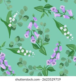 Seamless vector illustration with digitalis and lily of the valley on a turquoise background. For decorating textiles, packaging