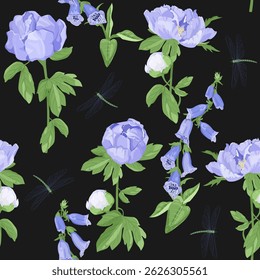 Ilustração de vetor sem costura com digitalis, peônias e libélulas em um fundo preto. Para decoração de têxteis, embalagem