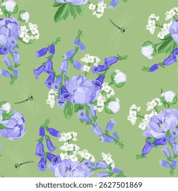 Ilustração de vetor sem costura com digitalis, peônias e libélulas em um fundo verde. Para decoração de têxteis, embalagem