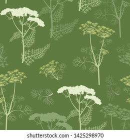 Seamless vector illustration with dill branches and yarrow on a green background. For decoration of textiles, packaging, web design, wallpaper.