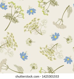 Seamless vector illustration with dill branches and yarrow on a beige background. For decoration of textiles, packaging, web design, wallpaper.