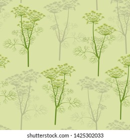 Seamless vector illustration with dill branches on a green background. For decoration of textiles, packaging, web design, wallpaper.